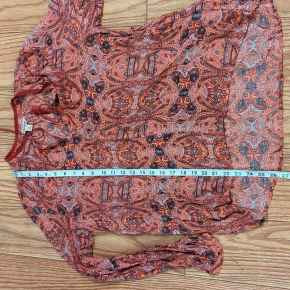 Paisley red & blue Boho hi-low blouse with tassels, fringe collar, Lucky Brand S - Picture 3 of 5
